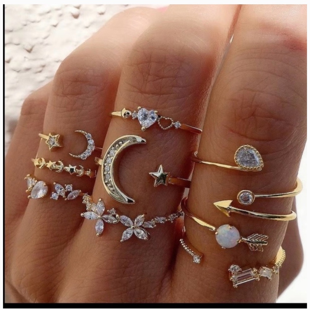 14k Gold Plated 9 Piece Gold Heart, Butterfly, Star and Moon Rhinestone Ring Set